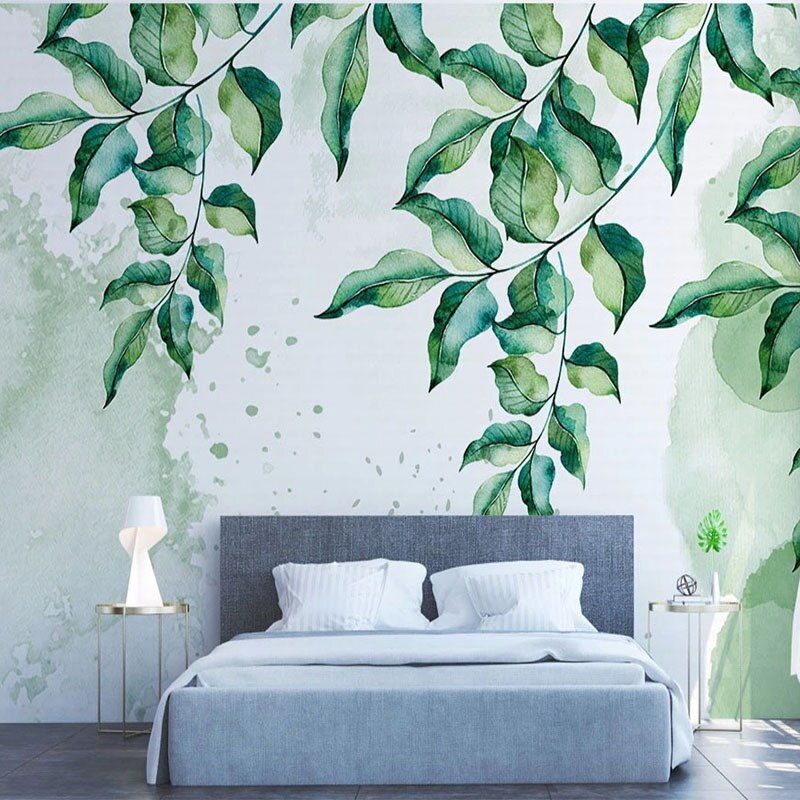 custom-mural-wallpaper-papier-peint-papel-de-parede-wall-decor-ideas-for-bedroom-living-room-dining-room-wallcovering-Modern-Simple-3D-Wallpaper-Hand-Painted-Watercolor-Green-Leaves