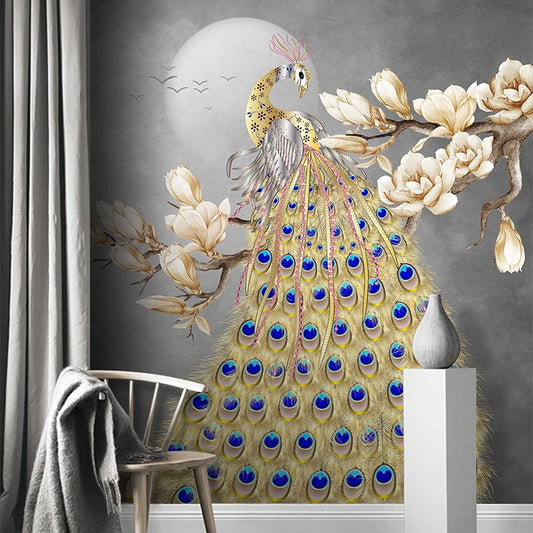 custom-mural-wallpaper-papier-peint-papel-de-parede-wall-decor-ideas-for-bedroom-living-room-dining-room-wallcovering-European-Style-Hand-Painted-Magnolia-Flower-3D-Golden-Peacock