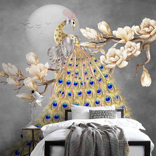 custom-mural-wallpaper-papier-peint-papel-de-parede-wall-decor-ideas-for-bedroom-living-room-dining-room-wallcovering-European-Style-Hand-Painted-Magnolia-Flower-3D-Golden-Peacock