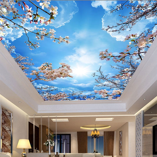 romantic-blue-sky-white-clouds-cherry-blossoms-photo-wallpaper-3d-ceiling-mural-living-room-theme-hotel-pastoral-decor-wallpaper