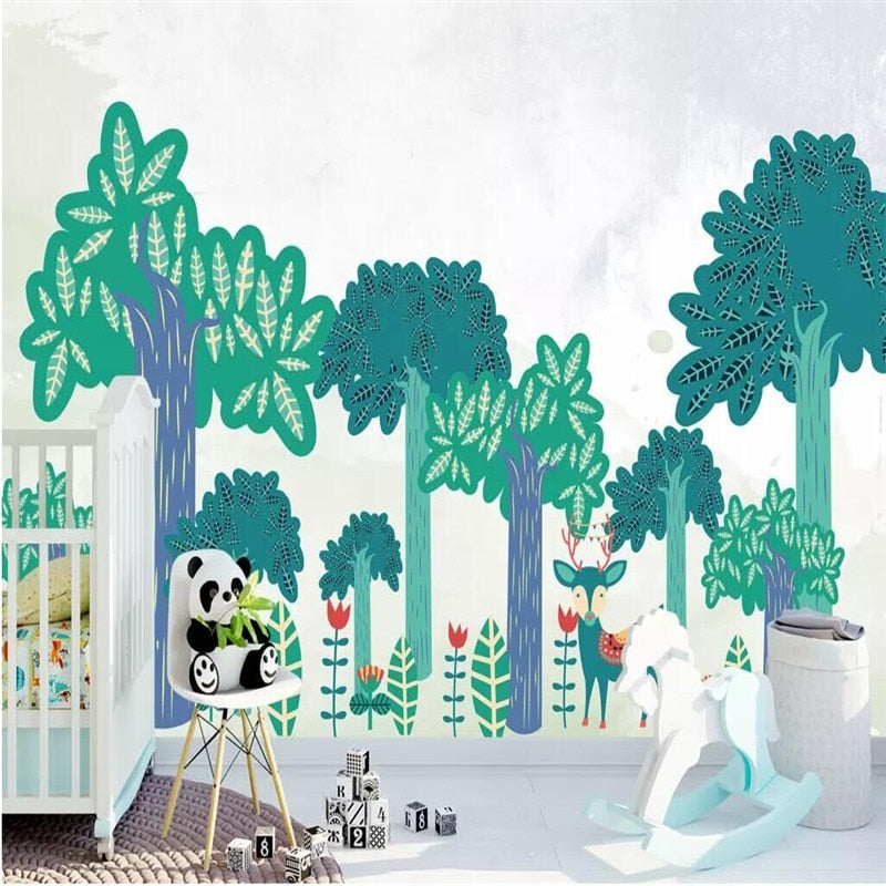 custom-wallpaper-mural-wall-covering-wall-decor-wall-decal-wall-sticker-nursery-decor-kids-room-children's-room-daycare-kindergarten-ideas-cartoon-nordic-trees-papier-peint