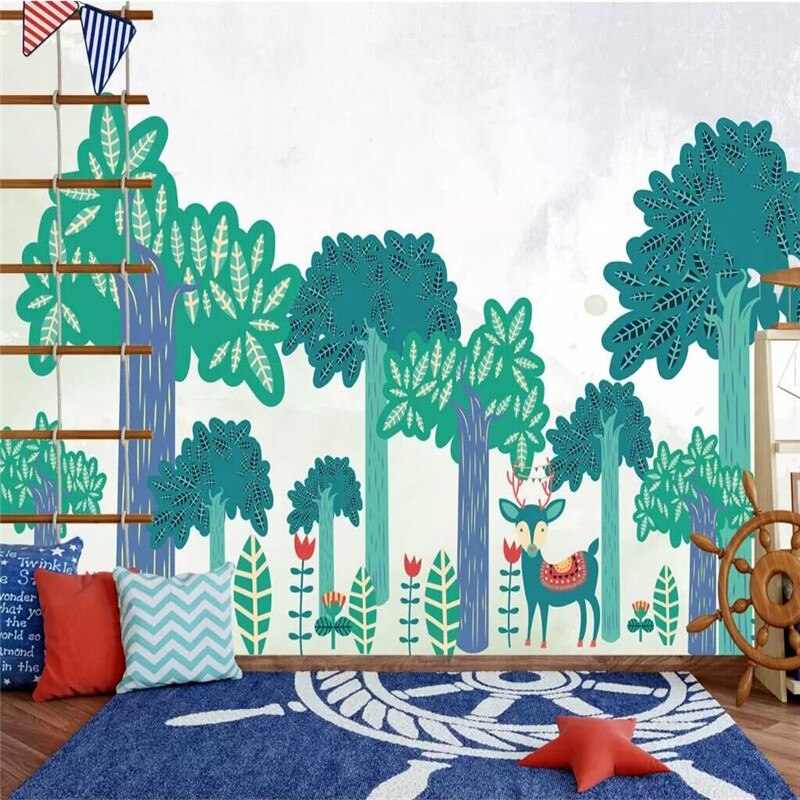 custom-wallpaper-mural-wall-covering-wall-decor-wall-decal-wall-sticker-nursery-decor-kids-room-children's-room-daycare-kindergarten-ideas-cartoon-nordic-trees-papier-peint