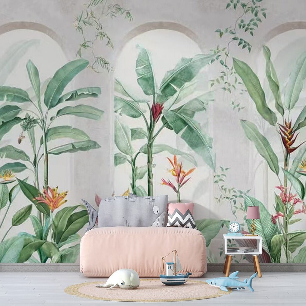 custom-industrial-concrete-archway-stone-architecture-botanical-plants-banana-leaf-wallpaper-mural-for-bathroom-background-papier-peint
