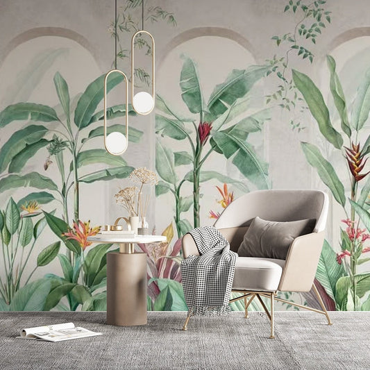 custom-industrial-concrete-archway-stone-architecture-botanical-plants-banana-leaf-wallpaper-mural-for-bathroom-background-papier-peint