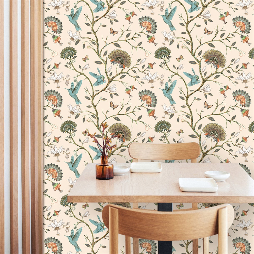 Custom Mural Wallpaper Pastoral Style Vintage Flowers Birds | BVM Home