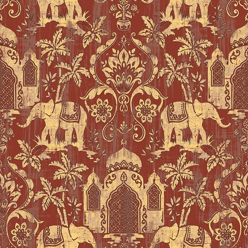 temple-taj-mahal-elephant-palm-trees-tropical-wallpaper-metallic-shimmer-southeast-asia-thai-style-background-wall-paper