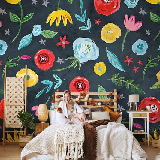 Vibrant Floral Abstract Wallpaper Mural – Custom Bold Flower & Leaf Design for Statement Walls
