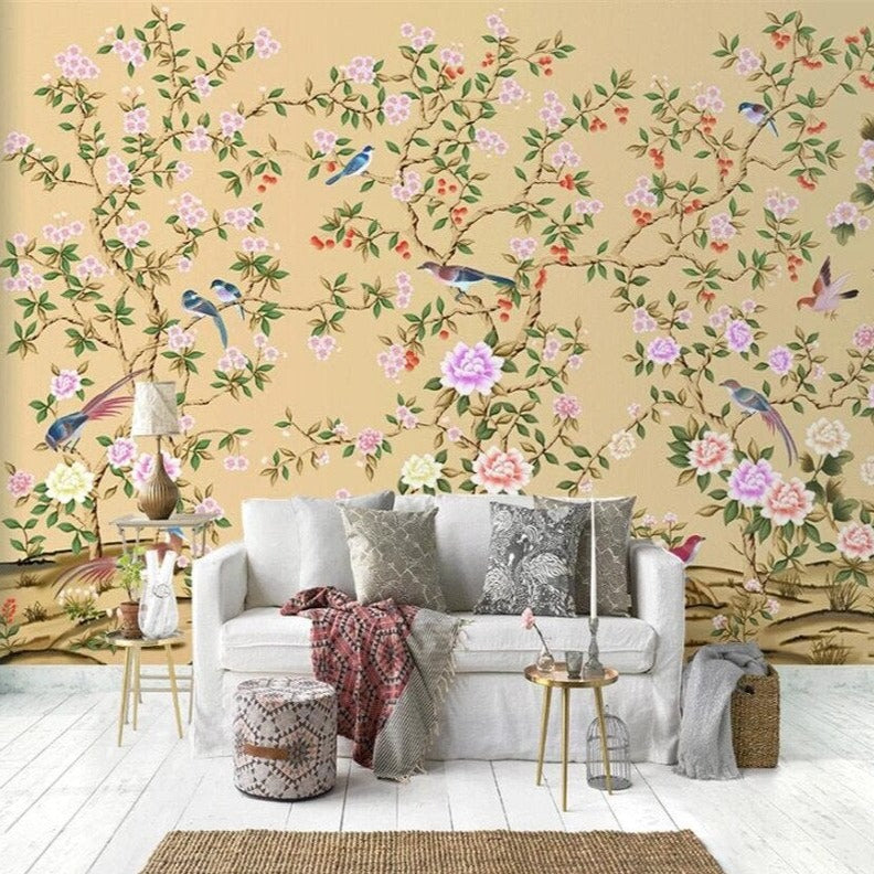 custom-mural-wallpaper-papier-peint-papel-de-parede-wall-decor-ideas-for-bedroom-living-room-dining-room-wallcovering-hand-painted-vintage-flowers-and-birds
