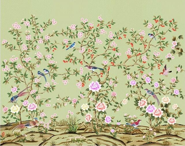 custom-mural-wallpaper-papier-peint-papel-de-parede-wall-decor-ideas-for-bedroom-living-room-dining-room-wallcovering-hand-painted-vintage-flowers-and-birds