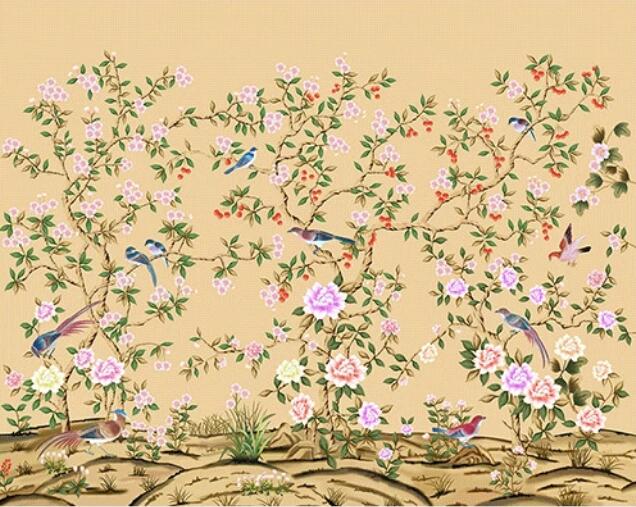 custom-mural-wallpaper-papier-peint-papel-de-parede-wall-decor-ideas-for-bedroom-living-room-dining-room-wallcovering-hand-painted-vintage-flowers-and-birds