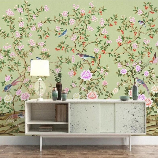 custom-mural-wallpaper-papier-peint-papel-de-parede-wall-decor-ideas-for-bedroom-living-room-dining-room-wallcovering-hand-painted-vintage-flowers-and-birds