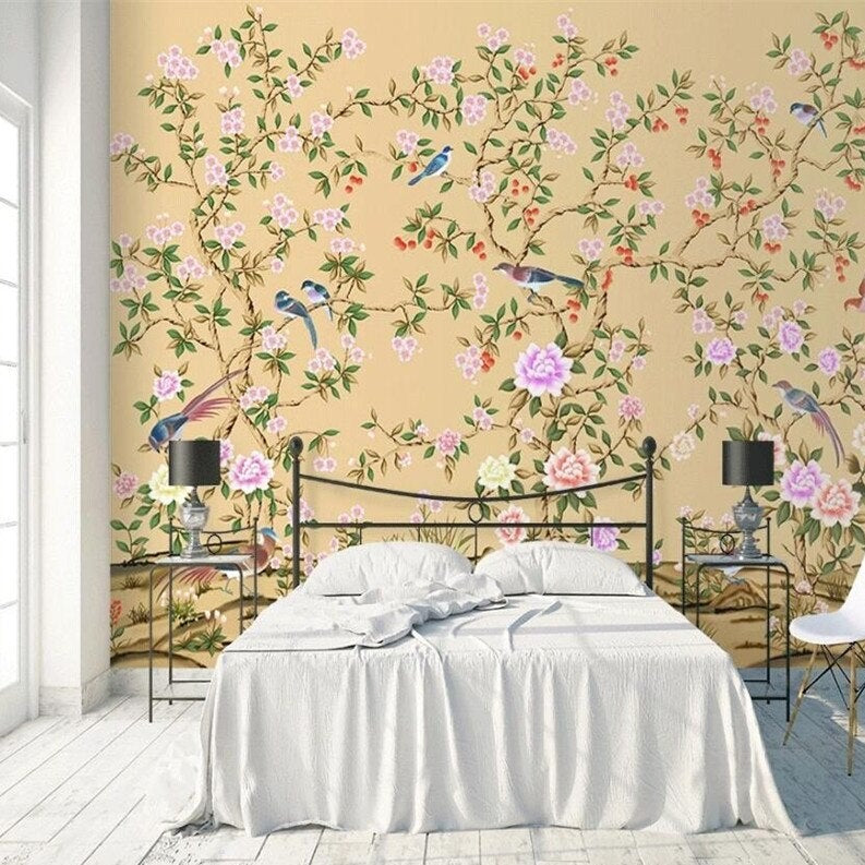 custom-mural-wallpaper-papier-peint-papel-de-parede-wall-decor-ideas-for-bedroom-living-room-dining-room-wallcovering-hand-painted-vintage-flowers-and-birds