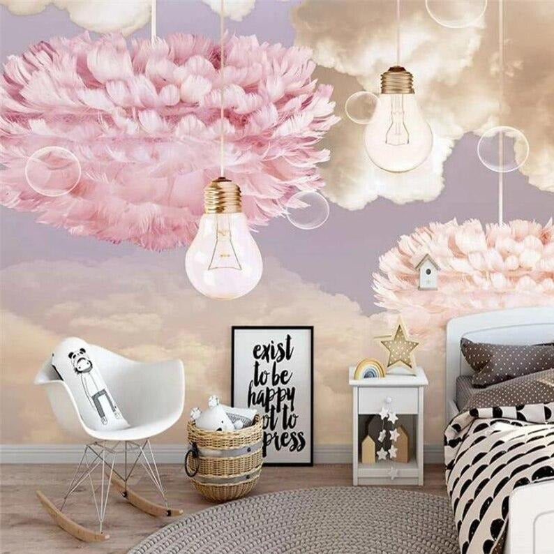 custom-mural-wallpaper-papier-peint-papel-de-parede-wall-decor-ideas-for-bedroom-living-room-dining-room-wallcovering-Nordic-hand-painted-feather-starry-sky-dream-children-s-room