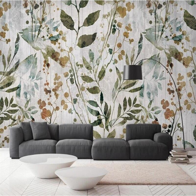 custom-3d-mural-wallpaper-papier-peint-yellow-green-leaves-plants-interior-bedroom-dining-room-living-room-photo-wall-decoration-wood-effect