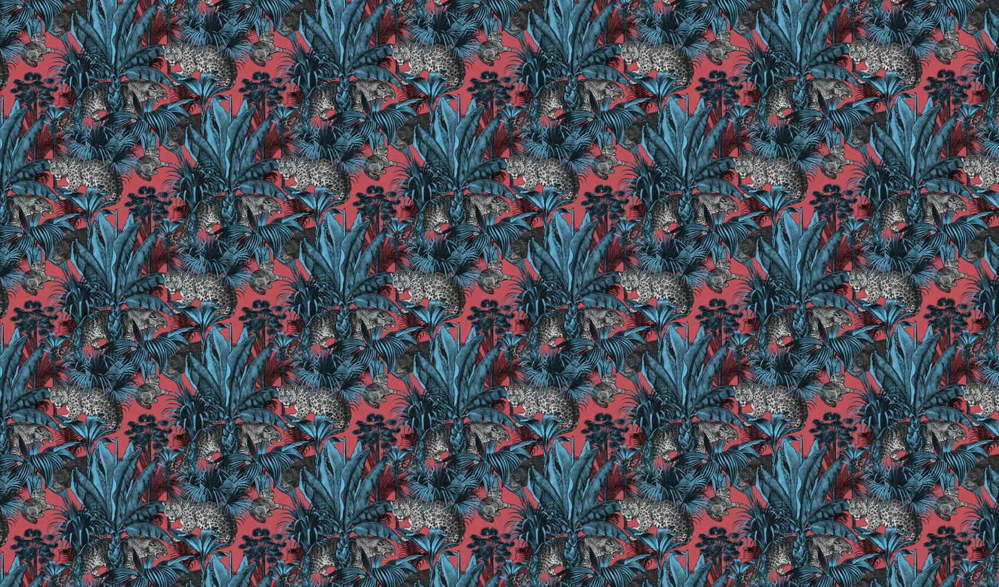 Custom Mural Red Retro Tropical Leopard Wallpaper (㎡)