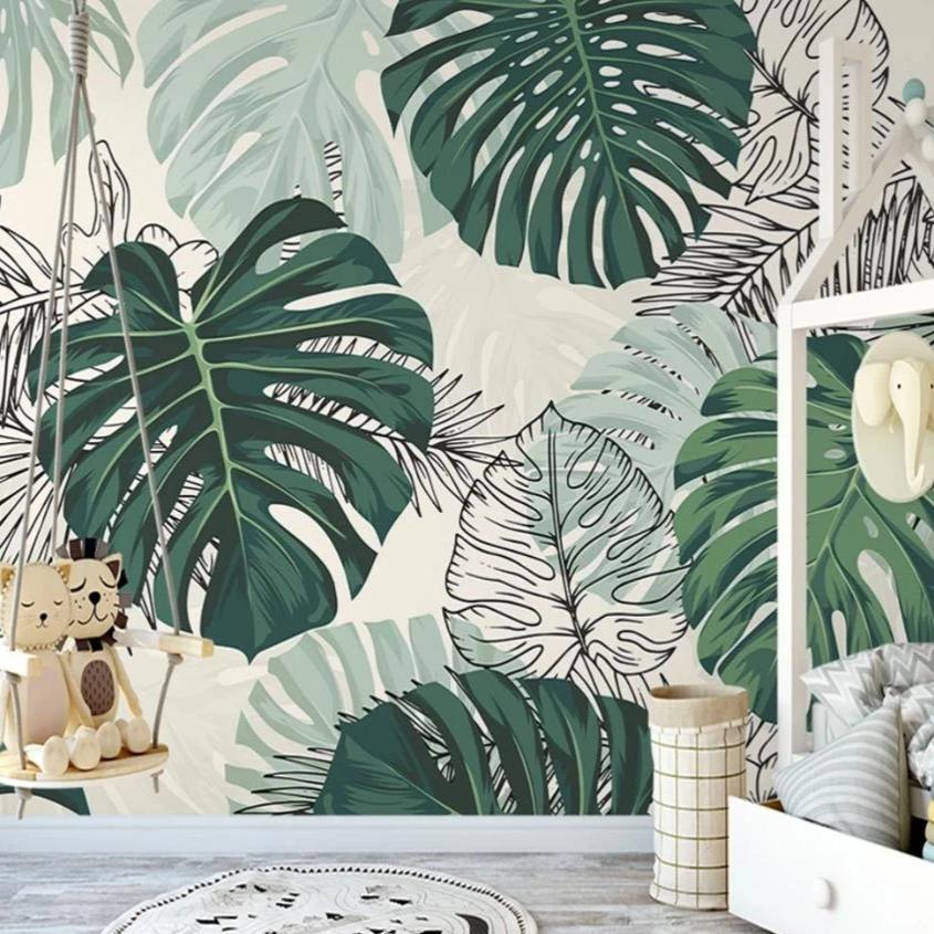 papel-de-parede-custom-hand-painted-modern-nordic-tropical-plant-back-leaf-sofa-tv-background-wallpaper-papier-peint