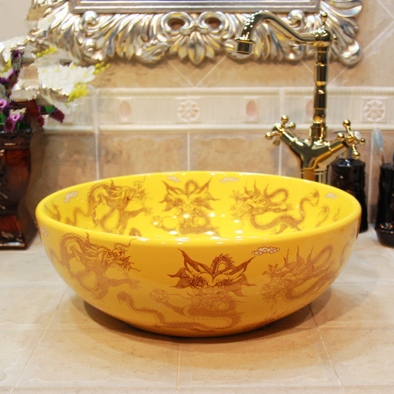 Vintage Style Art Wash Basin Ceramic Countertop Sink Yellow Golden