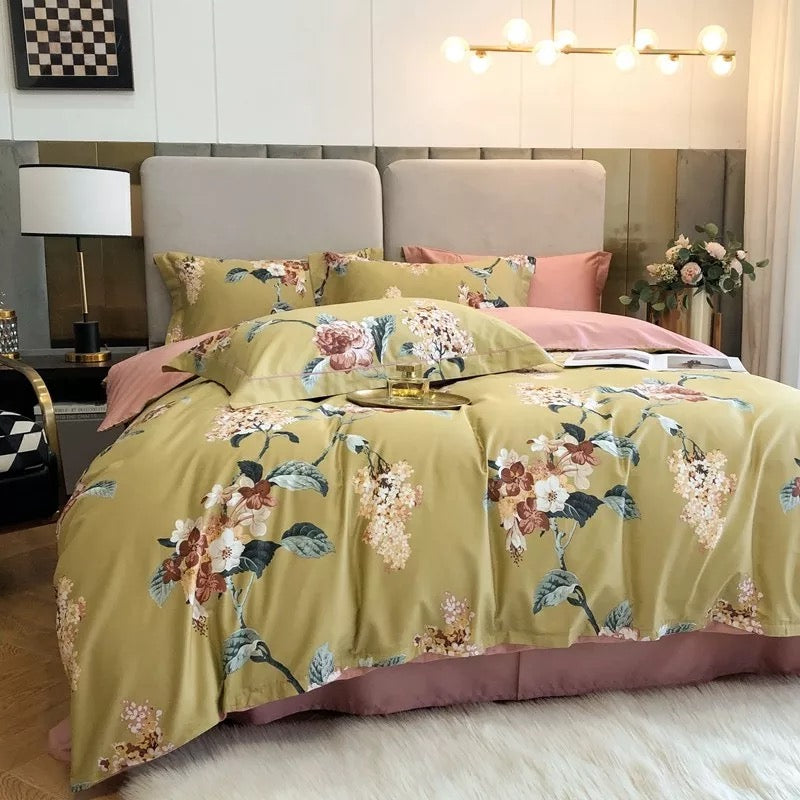 Floral Bedding Set Soft Egyptian Cotton Duvet Cover Set Yellow Green Pink