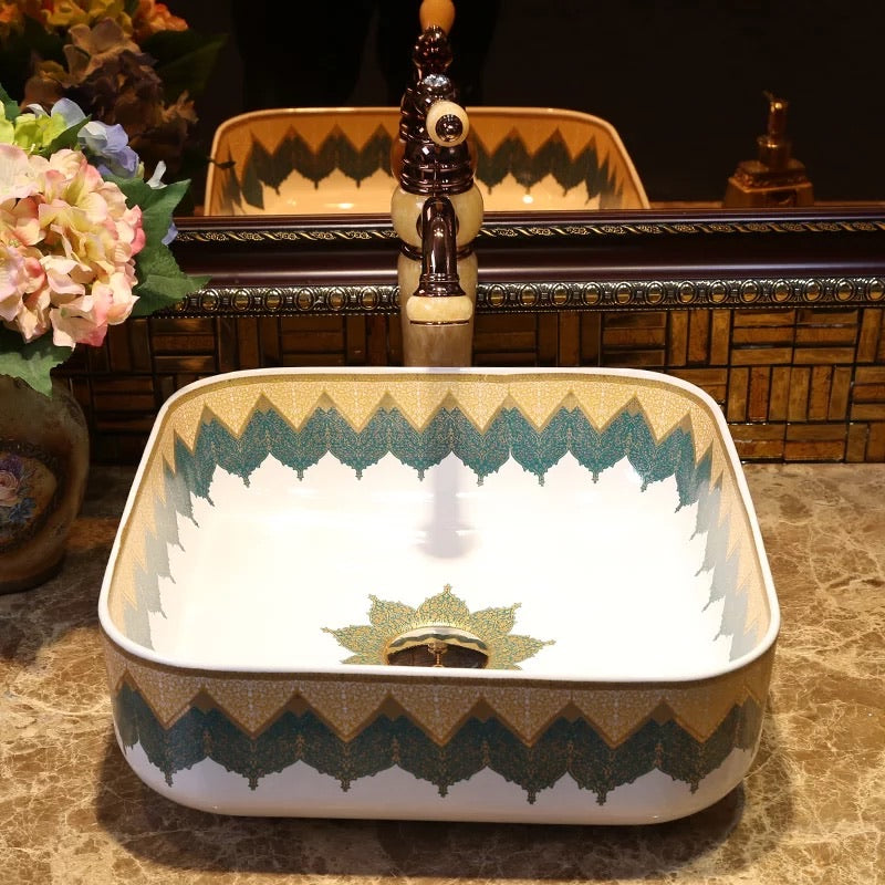 Chinese Ceramic Art Basin Countertop Sink Blue Square Lavabo