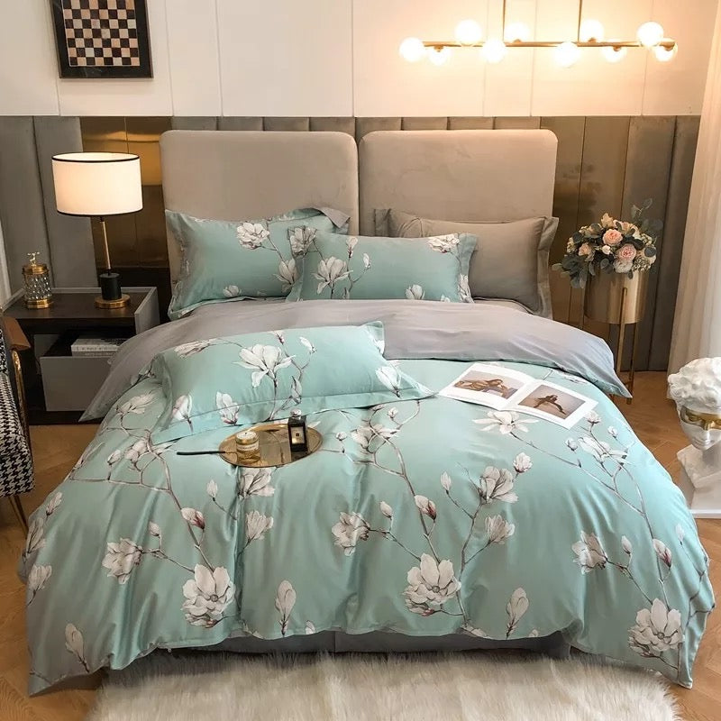 Floral Bedding Set Soft Egyptian Cotton Duvet Cover Set Yellow Green Pink
