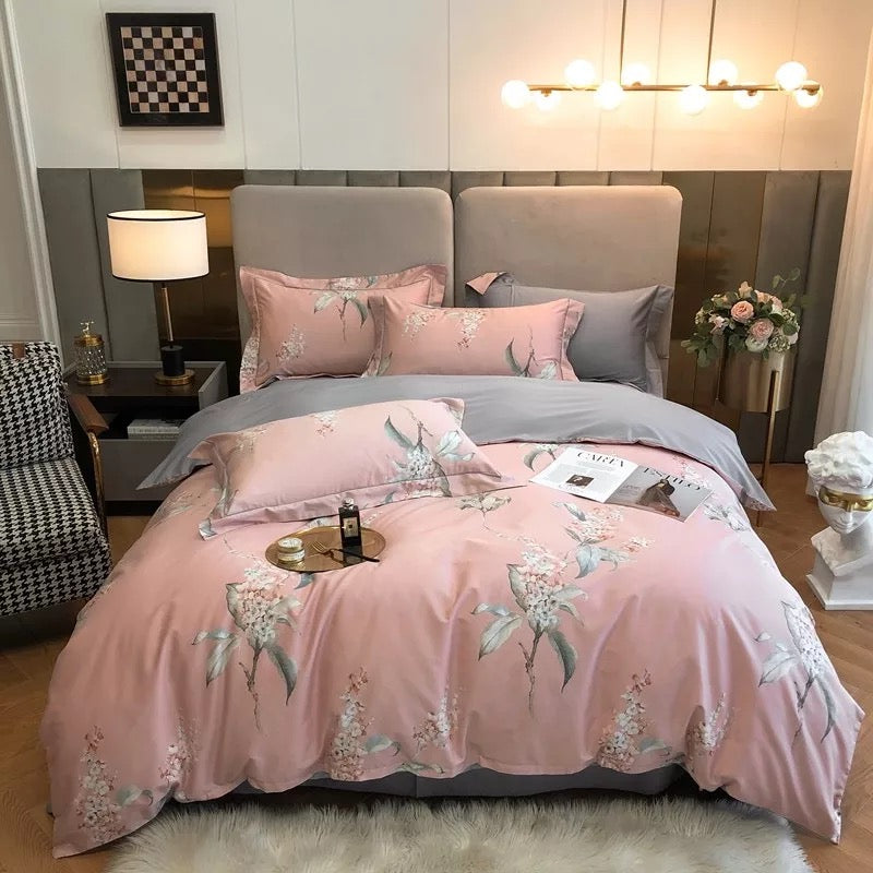 Floral Bedding Set Soft Egyptian Cotton Duvet Cover Set Yellow Green Pink