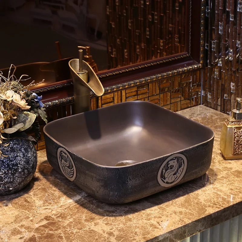 Chinese Ceramic Art Basin Countertop Sink Blue Square Lavabo