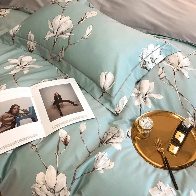 Floral Bedding Set Soft Egyptian Cotton Duvet Cover Set Yellow Green Pink