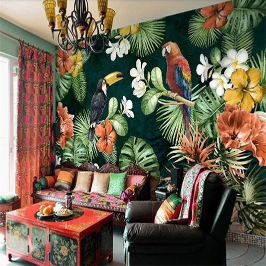 Tropical Rainforest Parrot Plants Wallpaper Mural