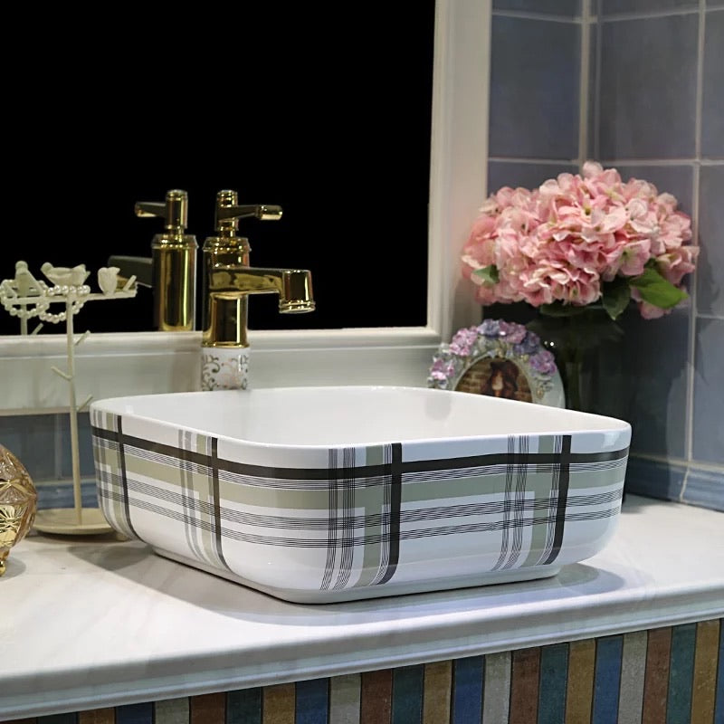 Chinese Ceramic Art Basin Countertop Sink Blue Square Lavabo