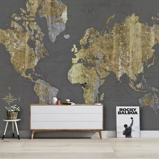 Custom Wallpaper Mural Golden Graffiti World Map Pattern (㎡)