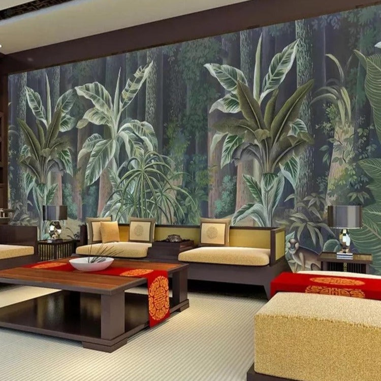 Chinese-style-hand-painted-pen-and-flower-nostalgic-pastoral-decoration-mural-wall-wallpaper-papier-peint-tropical-rainforest