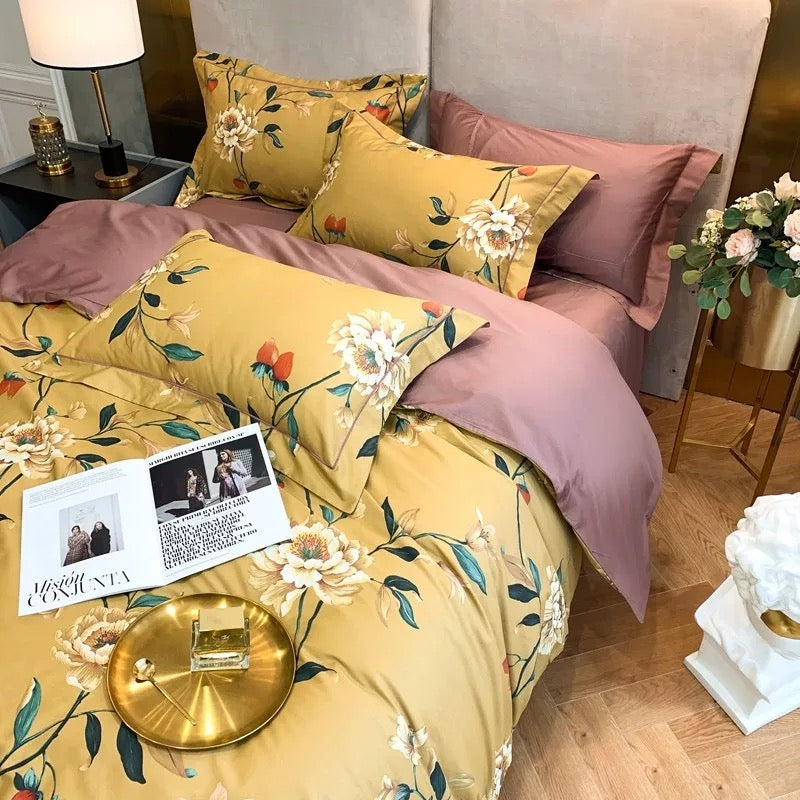 Floral Bedding Set Soft Egyptian Cotton Duvet Cover Set Yellow Green Pink