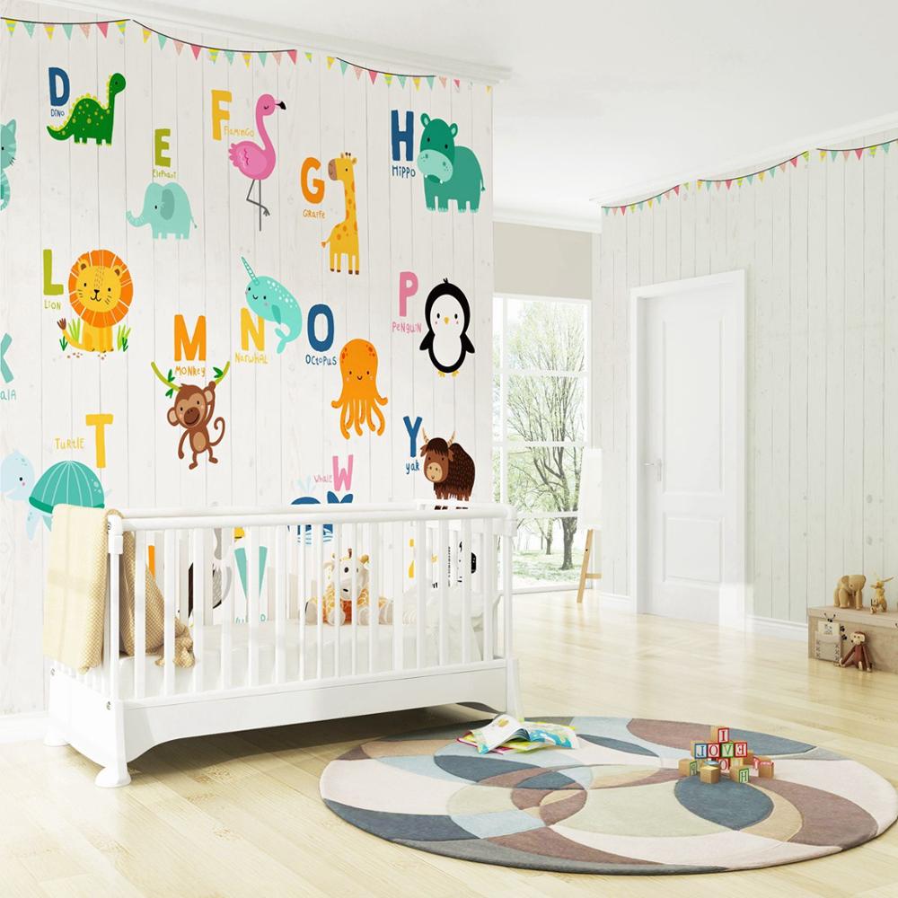custom-wallpaper-mural-wall-covering-wall-decor-wall-decal-wall-sticker-nursery-decor-kids-room-children's-room-daycare-kindergarten-ideas-cartoon-animals-english-alphabet-papier-peint