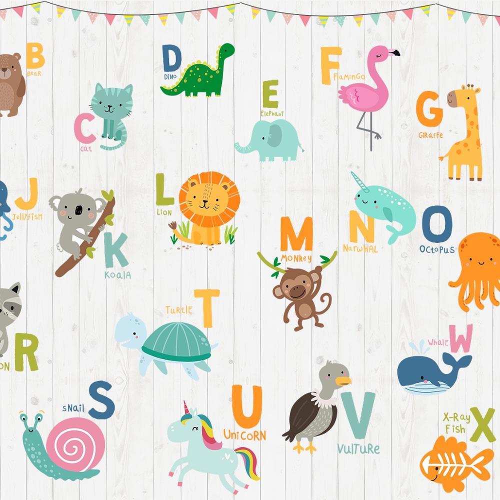 custom-wallpaper-mural-wall-covering-wall-decor-wall-decal-wall-sticker-nursery-decor-kids-room-children's-room-daycare-kindergarten-ideas-cartoon-animals-english-alphabet-papier-peint