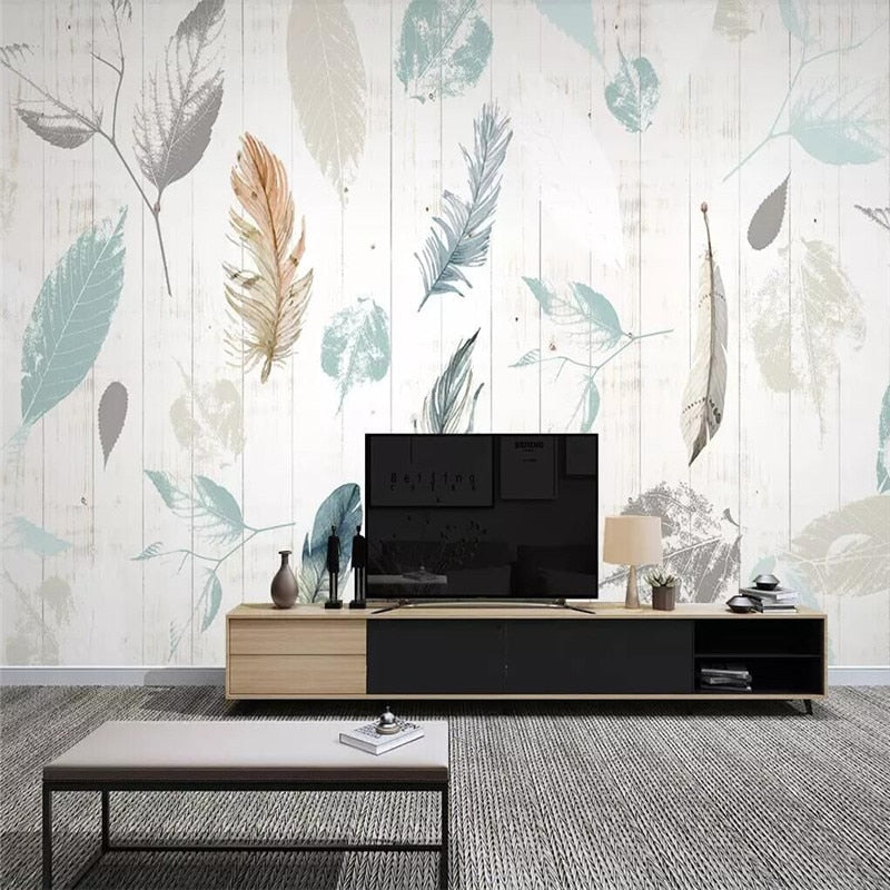 nordic-plant-leaf-feather-modern-minimalist-wood-grain-tv-background-wall-professional-custom-high-end-mural