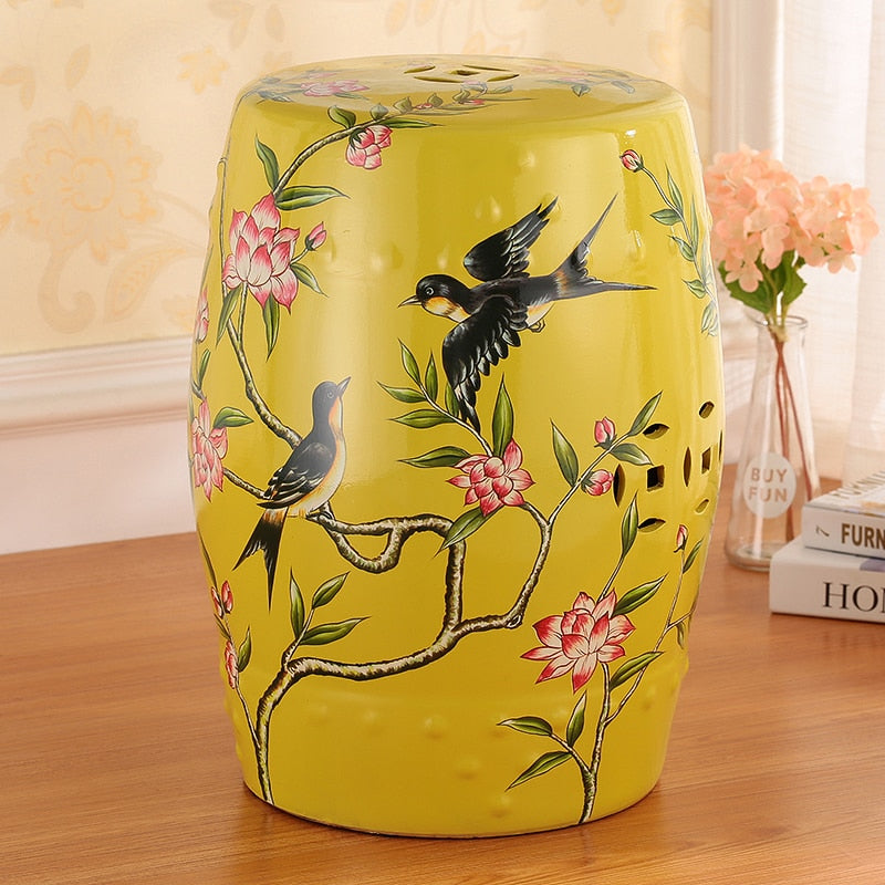 Ceramic Drum Garden Stool - Flower & Butterfly Design For Indoor/Outdoor Use