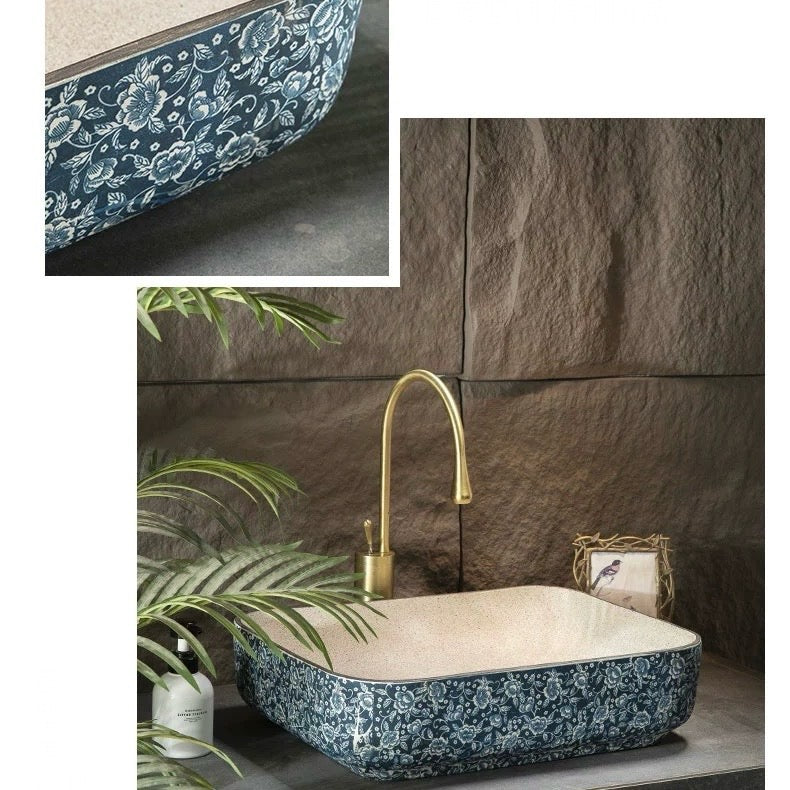 Chinese Ceramic Art Countertop Blue Square Basin Lavabo Porcelain Bathroom Sink