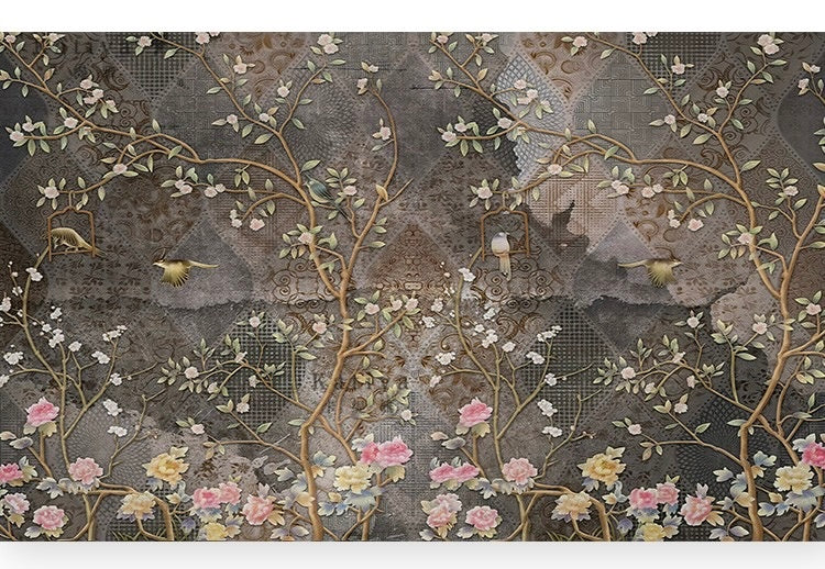 custom-wallpaper-vintage-pastoral-mural-birds-and-flowers