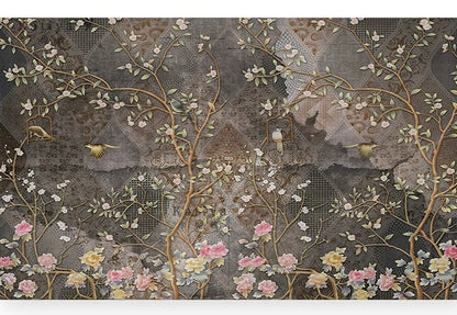 custom-wallpaper-vintage-pastoral-mural-birds-and-flowers