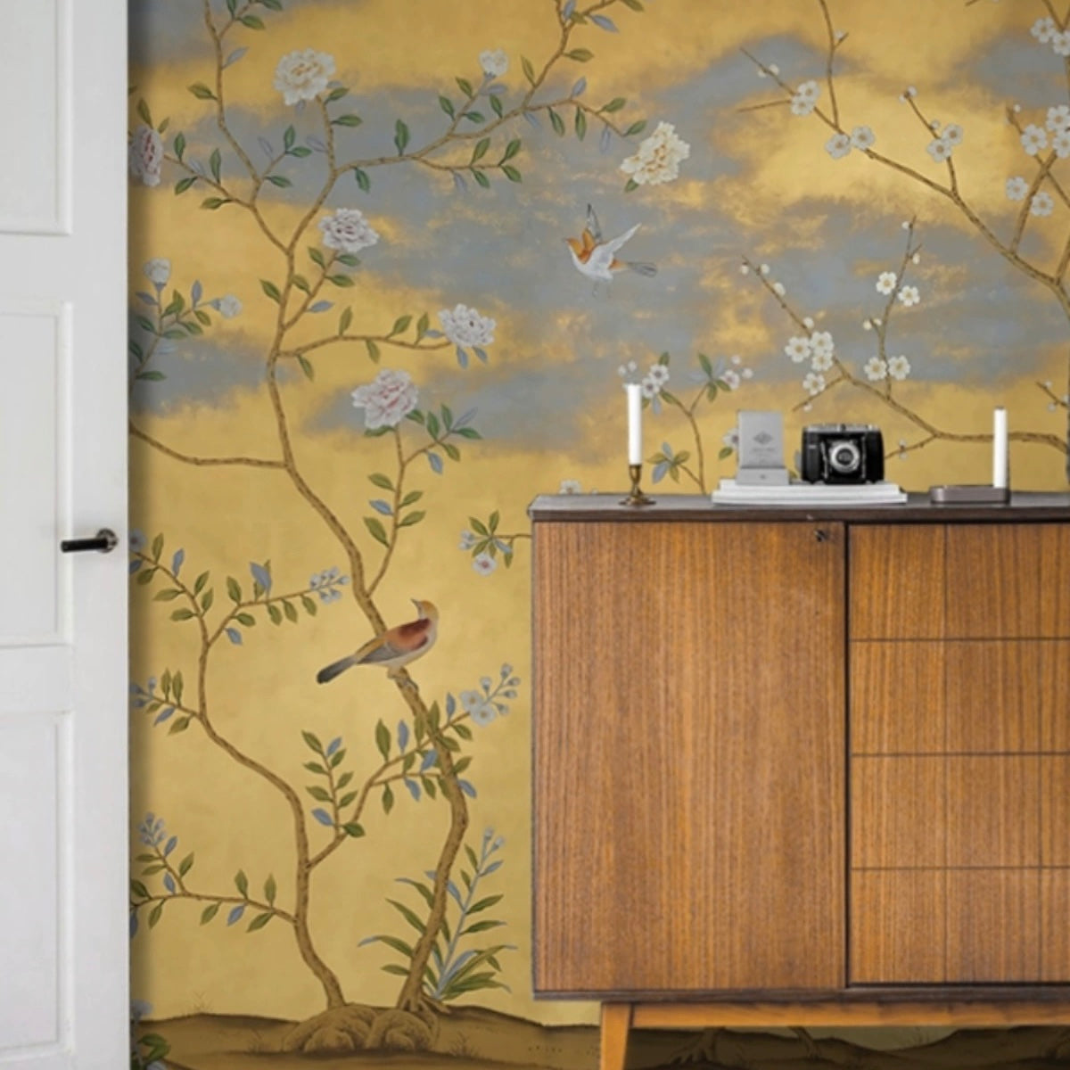 custom-wallpaper-vintage-pastoral-mural-birds-and-flowers