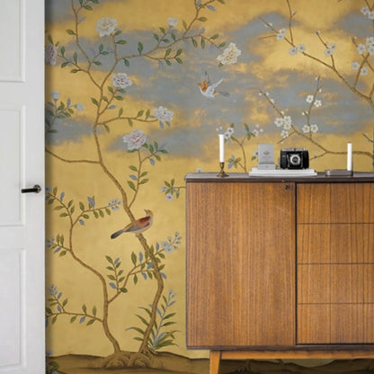 custom-wallpaper-vintage-pastoral-mural-birds-and-flowers