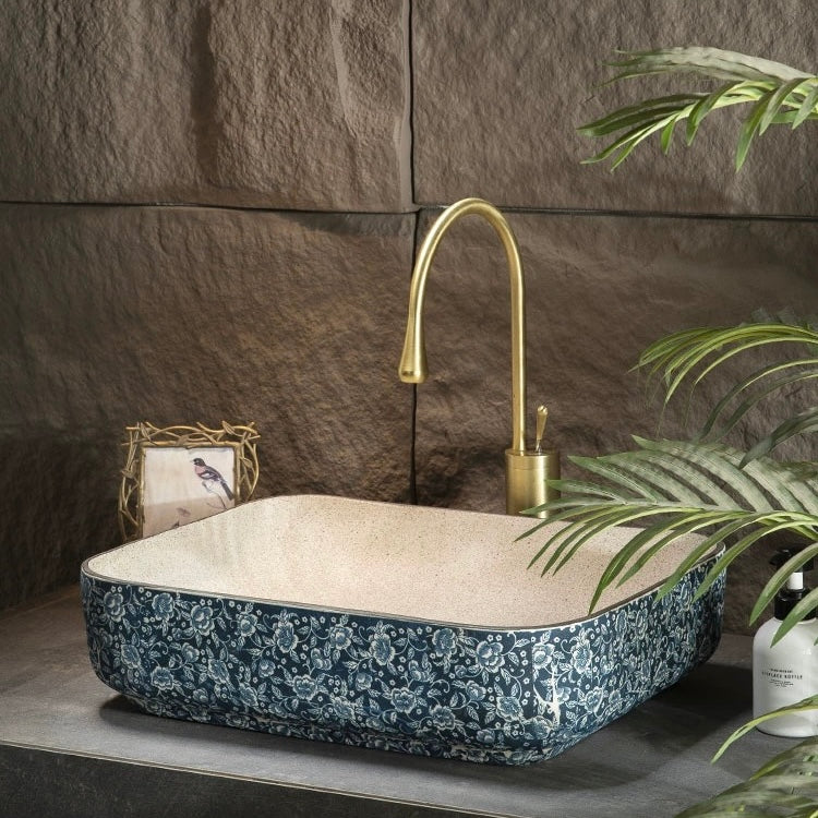 Chinese Ceramic Art Countertop Blue Square Basin Lavabo Porcelain Bathroom Sink