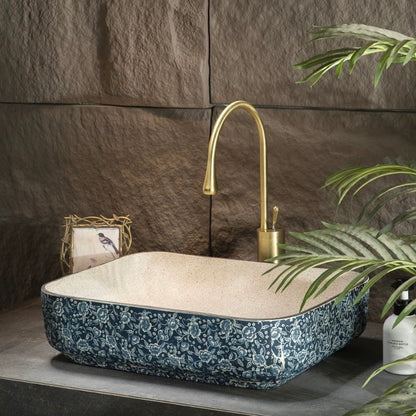 Chinese Ceramic Art Countertop Blue Square Basin Lavabo Porcelain Bathroom Sink