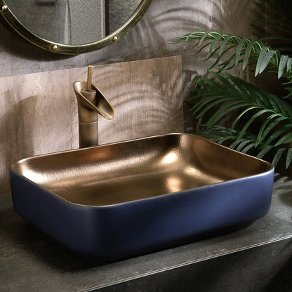Minimalist Chinese Ceramic Art Countertop Blue Square Basin Lavabo Porcelain Bathroom Sink