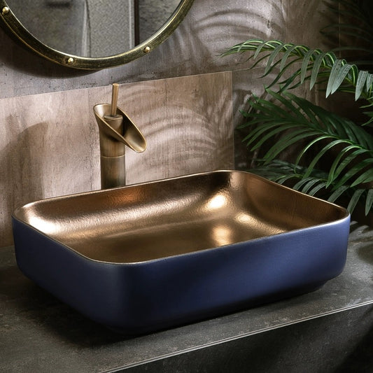 Minimalist Chinese Ceramic Art Countertop Blue Square Basin Lavabo Porcelain Bathroom Sink