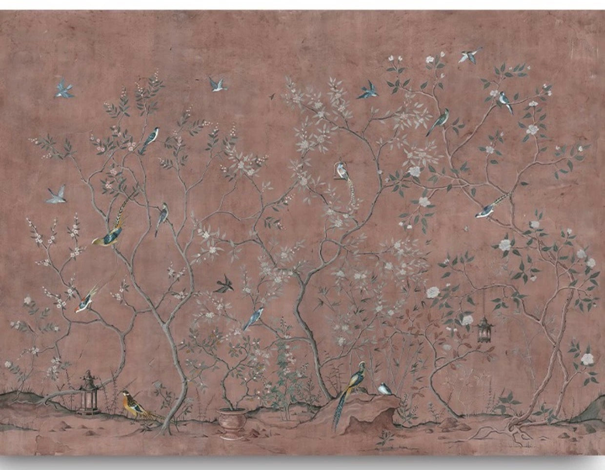 custom-wallpaper-vintage-pastoral-mural-birds-and-flowers