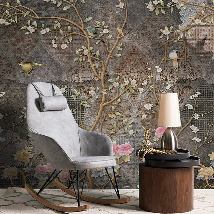 custom-wallpaper-vintage-pastoral-mural-birds-and-flowers