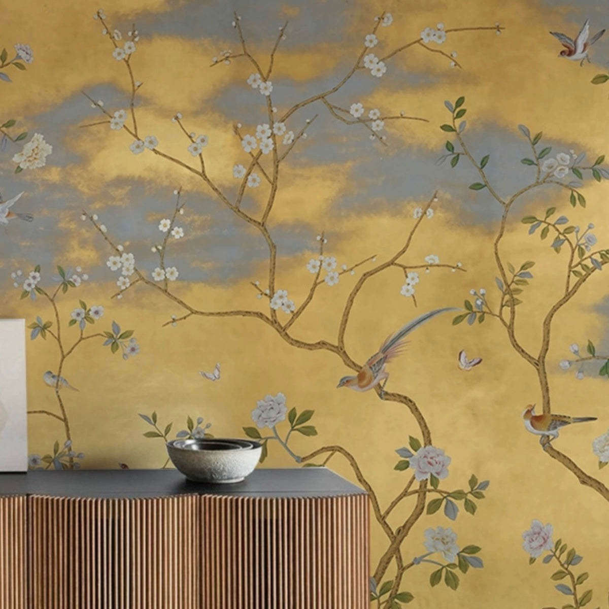 custom-wallpaper-vintage-pastoral-mural-birds-and-flowers