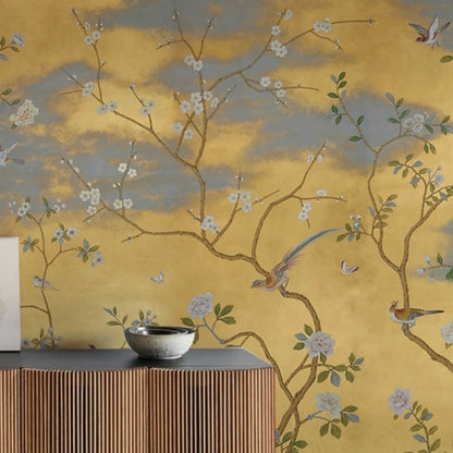 custom-wallpaper-vintage-pastoral-mural-birds-and-flowers