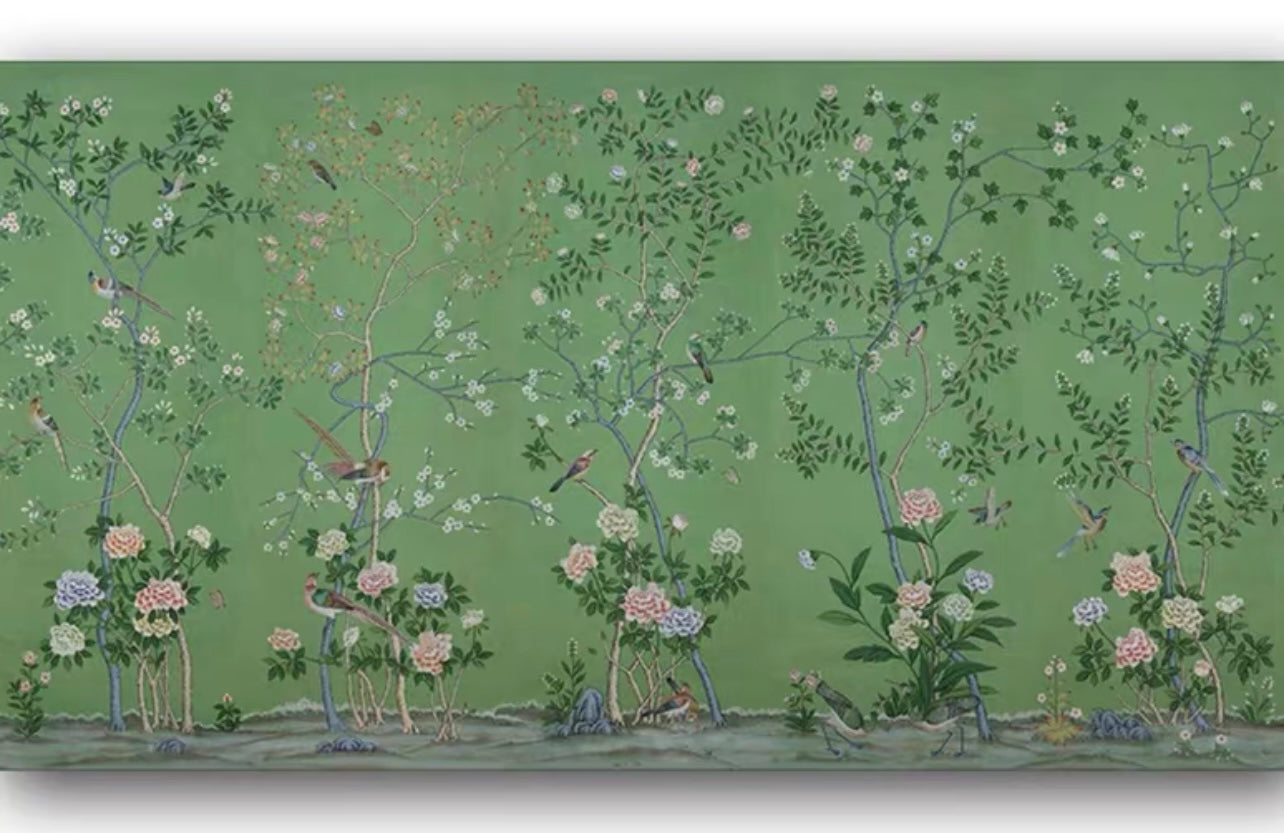 custom-wallpaper-vintage-pastoral-mural-birds-and-flowers
